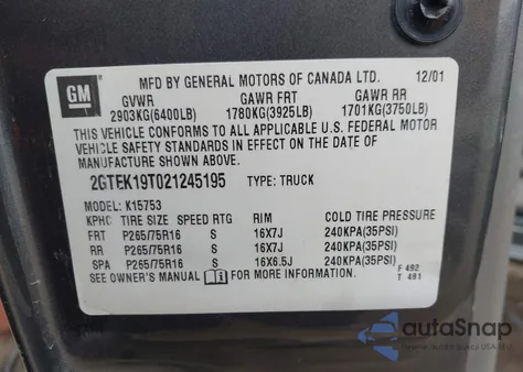 2002 GMC Sierra 1500 Sle z USA, uszkodzony, nr VIN 2GTEK19T021245195